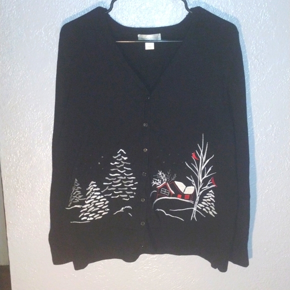 Christopher & Banks 100% Cotton Christmas Snow Cardinal Cardigan Sweater L - Picture 1 of 6
